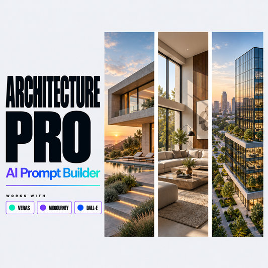 AI Architecture Prompt Builder Pro cover image with exterior and interior render examples
