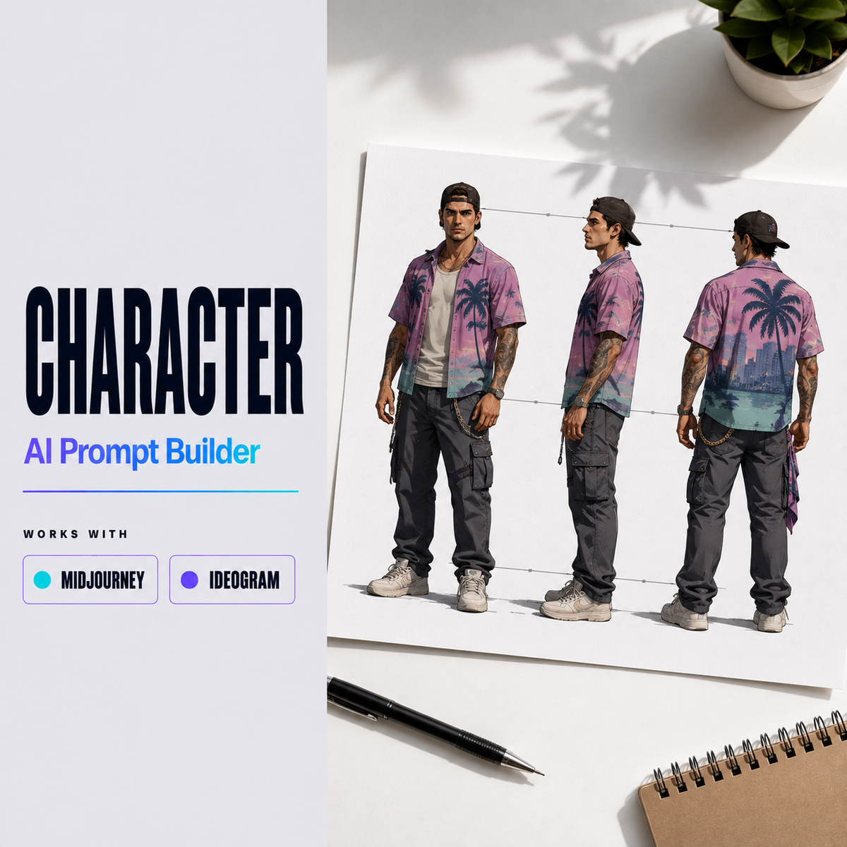 Character Prompt Builder cover image showing a consistent character sheet