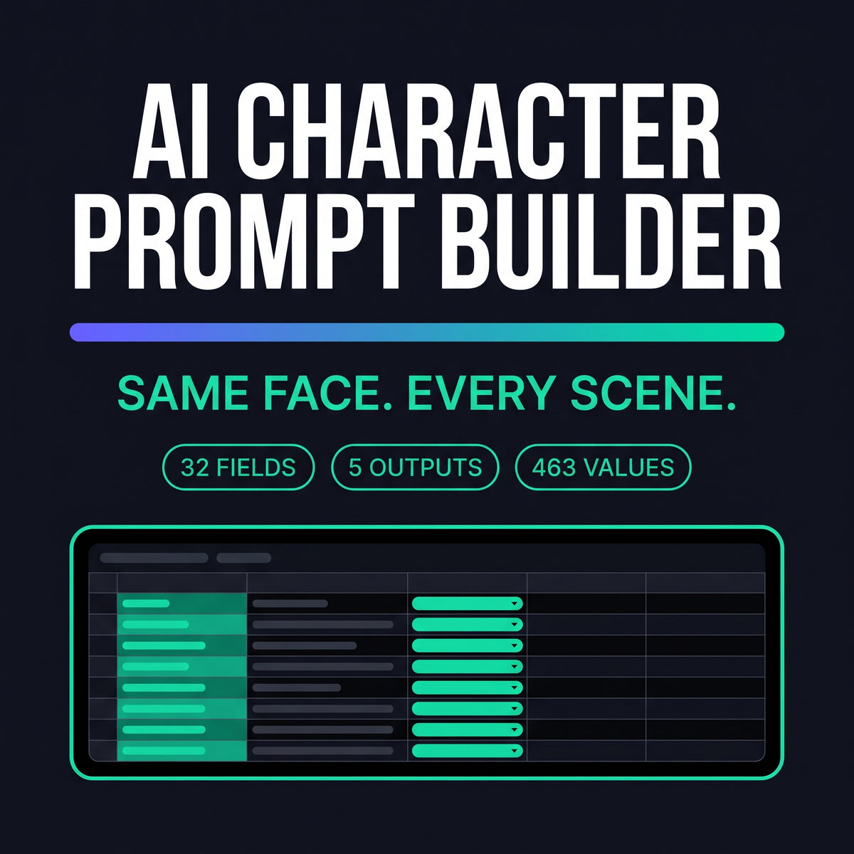 AI character sheet prompt template — face, wardrobe, Cref and pose controls