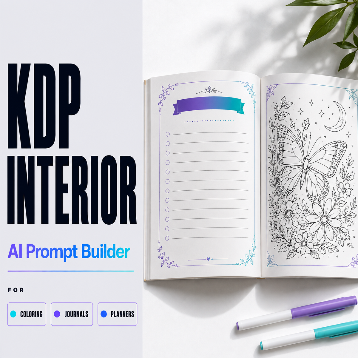 KDP Interior Prompt Builder cover image with journal and planner page layouts