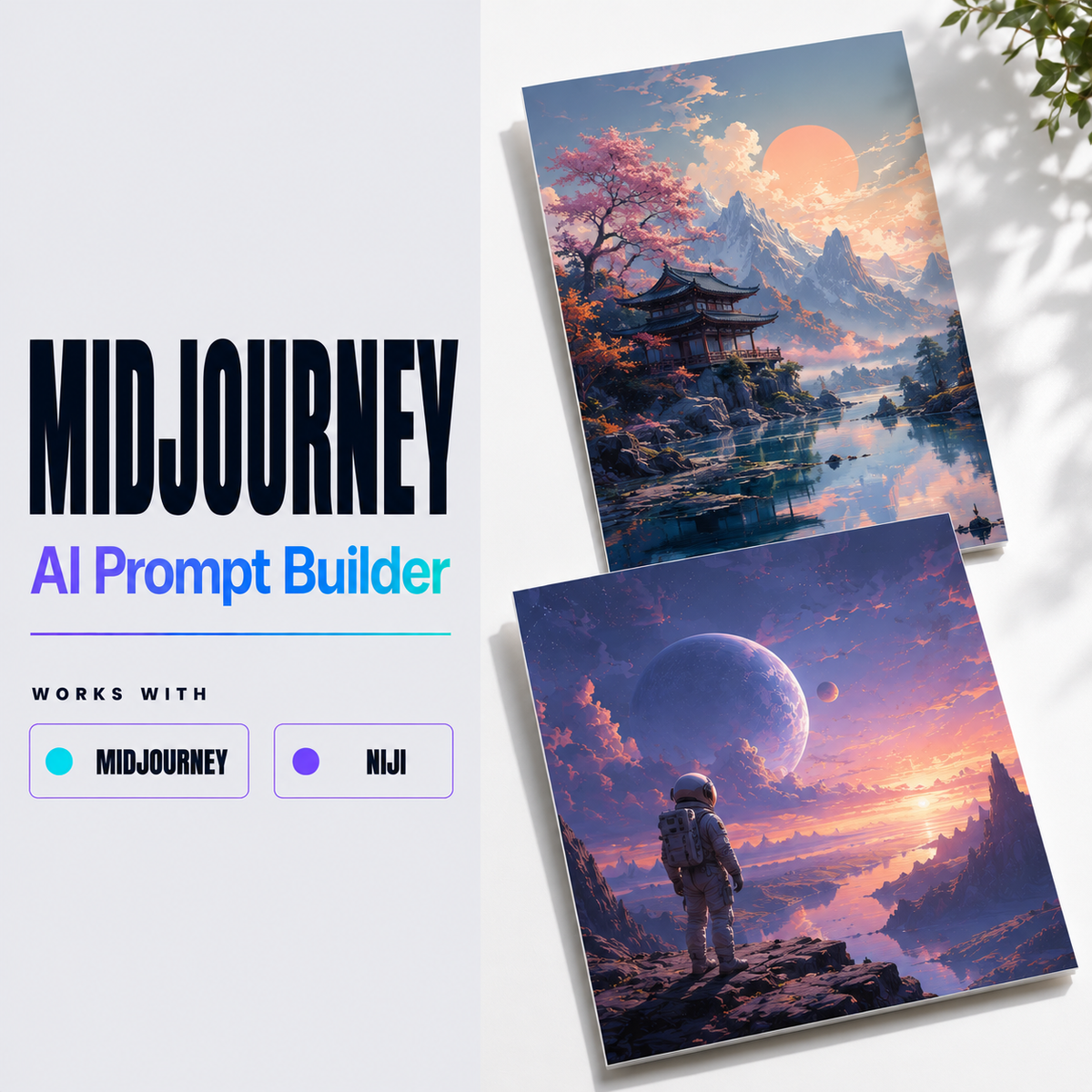 Midjourney V8 Prompt Builder cover image with Niji, POD and KDP prompt examples