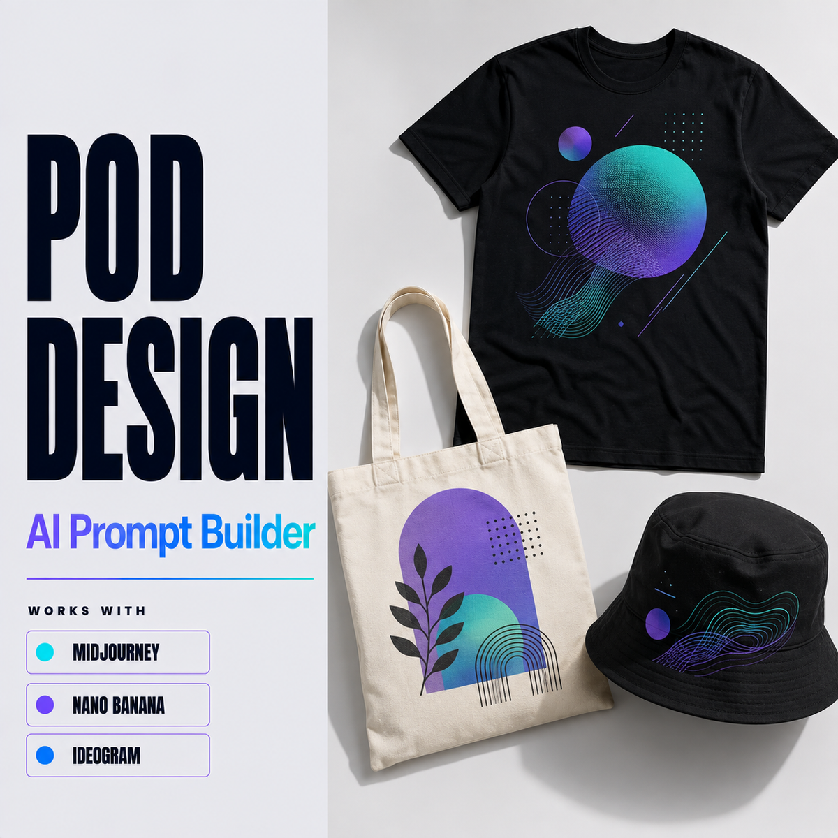 POD Design Prompt Builder cover image showing t-shirt and merch designs