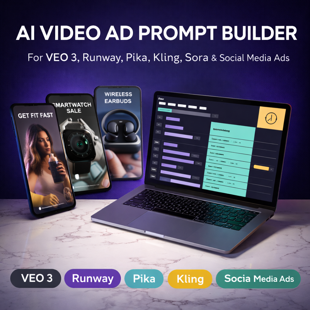 AI Video Ad Prompt Builder for VEO 3, Runway, Pika, Kling, Sora & Social Media Ads