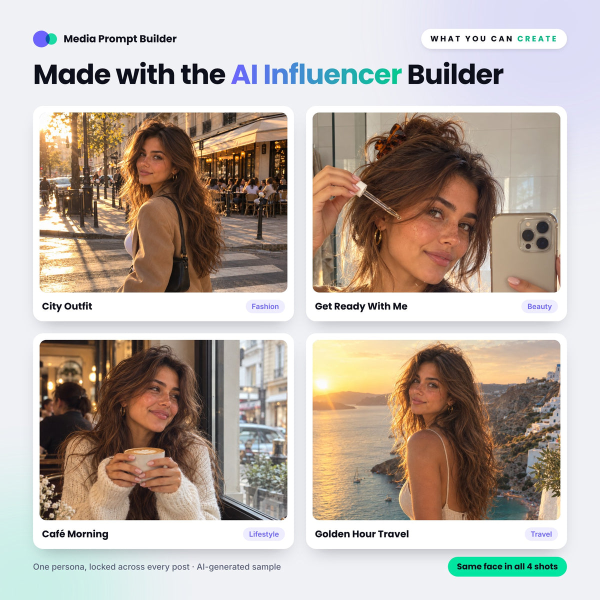 Example images created with the AI Influencer Prompt Builder