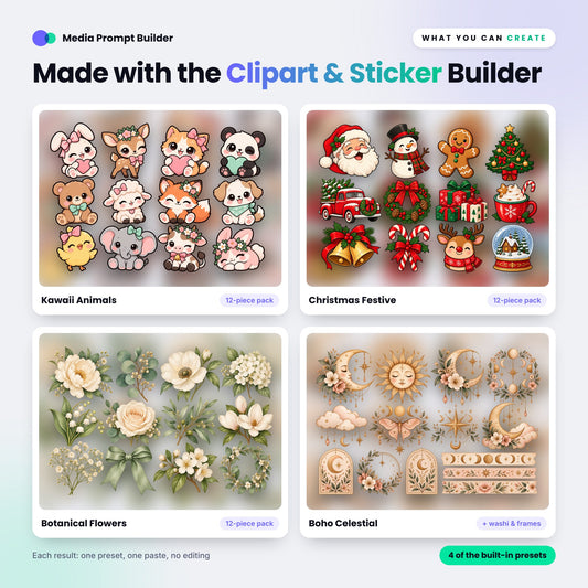 Example images created with the Clipart & Sticker Prompt Builder
