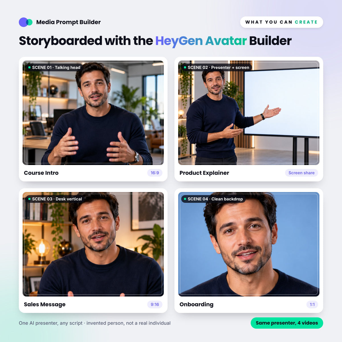 Storyboard keyframes planned with the HeyGen Avatar Prompt Builder