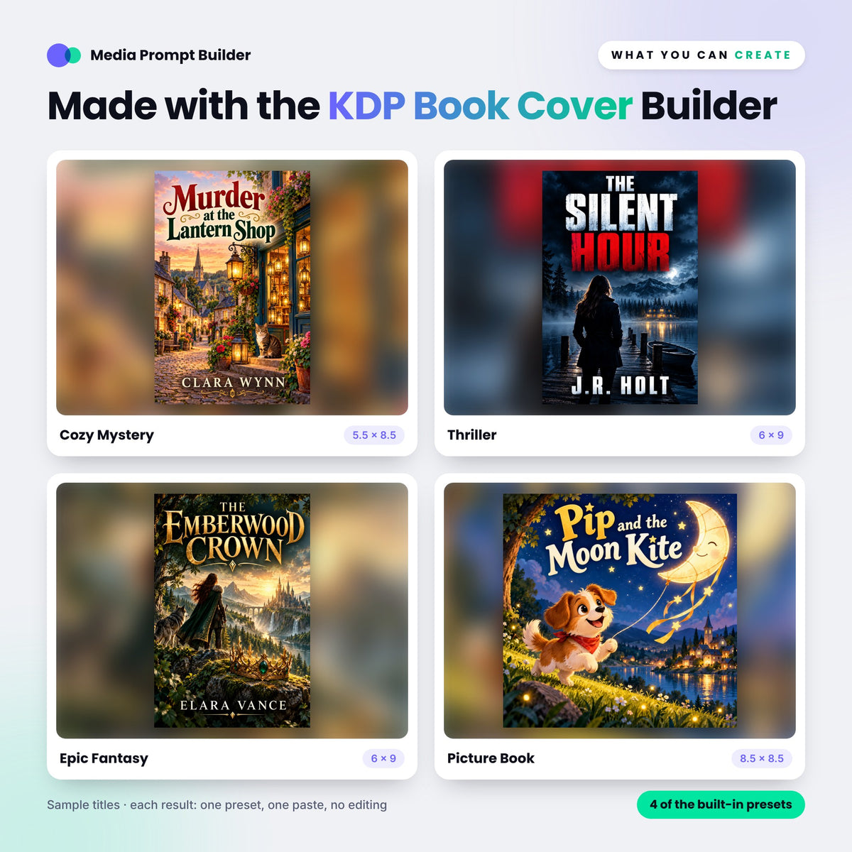 Example images created with the KDP Book Cover Prompt Builder