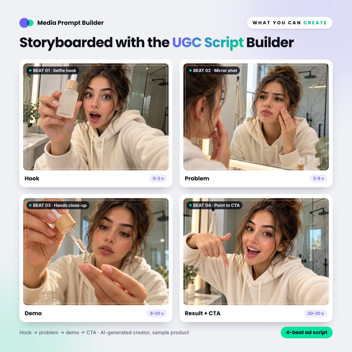 Storyboard keyframes planned with the UGC Script Builder